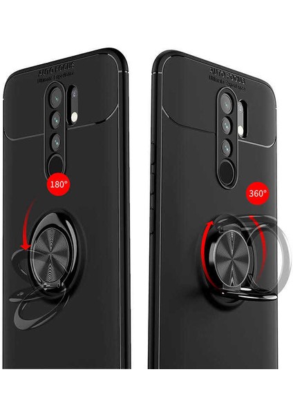 - Xiaomi Redmi 9 - Kılıf Yüzüklü Karbon Ravel Silikon Kapak - Siyah-Rose Gold - T14214