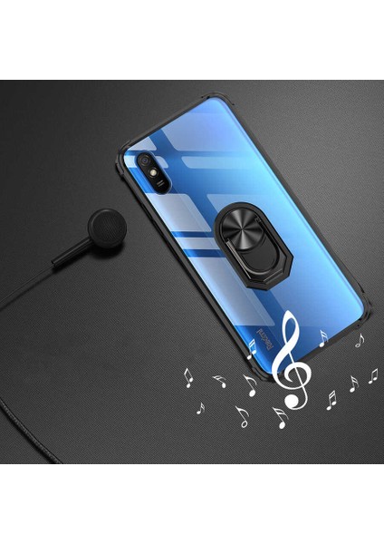 - Xiaomi Redmi 9A - Kılıf Yüzüklü Arkası Şeffaf Koruyucu Mola Kapak - Lacivert - T15556