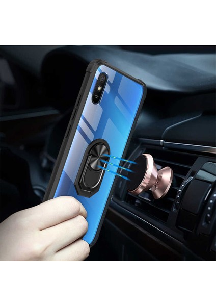 - Xiaomi Redmi 9A - Kılıf Yüzüklü Arkası Şeffaf Koruyucu Mola Kapak - Lacivert - T15556
