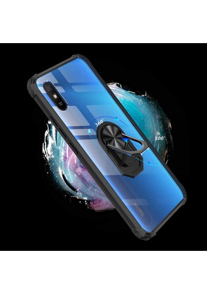 - Xiaomi Redmi 9A - Kılıf Yüzüklü Arkası Şeffaf Koruyucu Mola Kapak - Lacivert - T15556