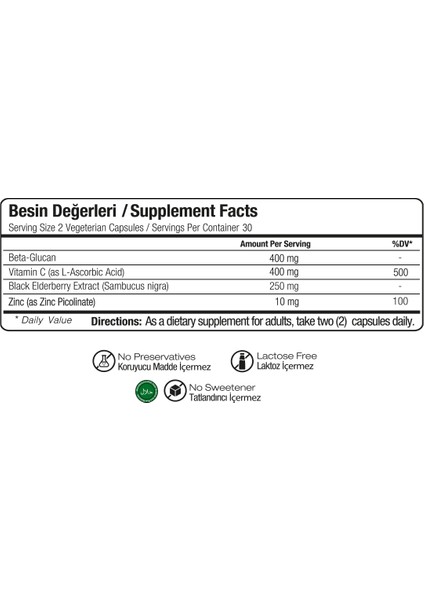 Beta Glukan & Vitamin C & Karamürver & Çinko 530mg 60 Bitkisel Kapsül