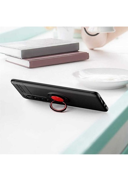 - Xiaomi Mi Note 10 Lite - Kılıf Yüzüklü Karbon Ravel Silikon Kapak - Siyah-Mavi - T13713