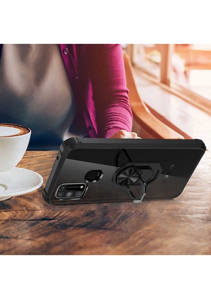 - Samsung Galaxy M31 - Kılıf Yüzüklü Arkası Şeffaf Koruyucu Mola Kapak - Kırmızı - T13485