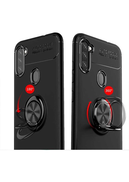 - Samsung Galaxy A21 - Kılıf Yüzüklü Karbon Ravel Silikon Kapak - Kırmızı - T15049