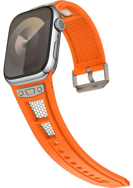 - ​​​Apple Watch 7 45mm - Kordon Delikli Metal Süslemeli Desenli Silikon Kordon - KRD-117 - Titanyum-Starlight - T32809 indirimleri