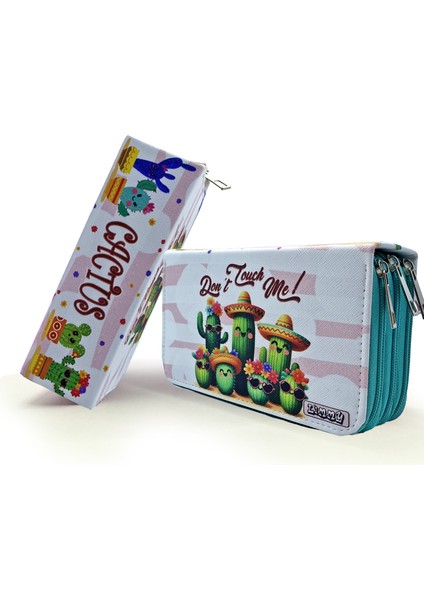 Kalem Kutusu Kaktüs Desenli Kawai Organizer Kalemkutu Vegan Deri Üç Bölmeli Kalemlik -Yeşil fiyatları