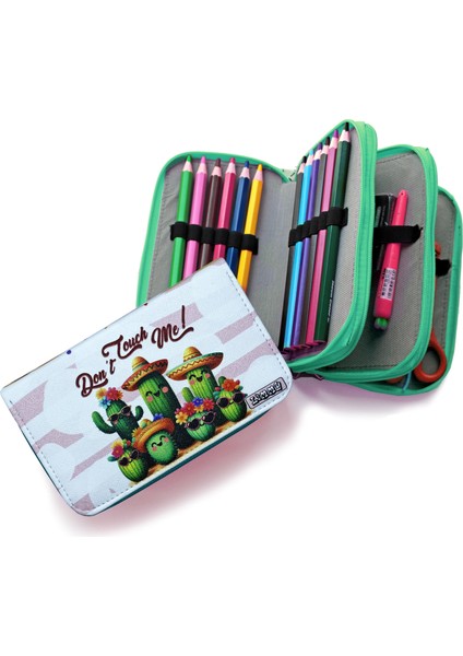Kalem Kutusu Kaktüs Desenli Kawai Organizer Kalemkutu Vegan Deri Üç Bölmeli Kalemlik -Yeşil modelleri