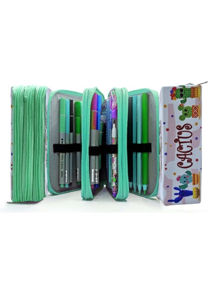 Kalem Kutusu Kaktüs Desenli Kawai Organizer Kalemkutu Vegan Deri Üç Bölmeli Kalemlik -Yeşil indirimleri