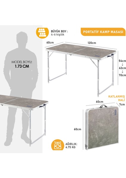 Portatif Kamp Masası 3 Yükseklik Ayarlı Katlanır Alüminyum Piknik Masası 120X60 Mermer Desenli