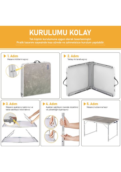 Portatif Kamp Masası 3 Yükseklik Ayarlı Katlanır Alüminyum Piknik Masası 120X60 Mermer Desenli