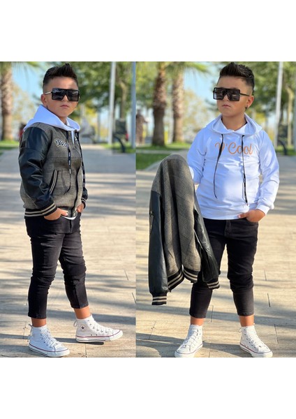 Uğurböceğiçocuk Kolları Deri Detay Kolej Ceket Sweat 3'lü Erkek Çocuk Takım fırsatları