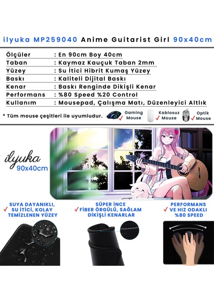 90X40 Anime Guitarist Girl Xxl Büyük Boy Ilyuka MP259040 Gaming Mousepad Dikişli Kenar Kaymaz Taban 90X40CM