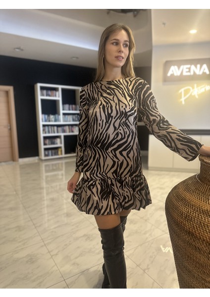 Zebra Desenli Saten Balon Kol Elbise