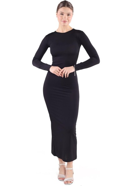 376 Bisiklet Yaka Elbise Siyah