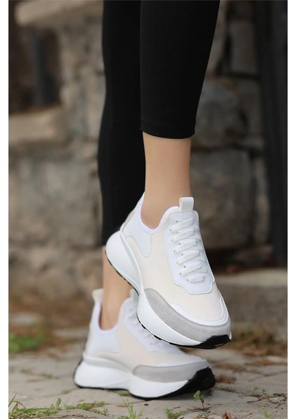 Kadın Bağcıklı Spor Ayakkabı-Bej-Gri