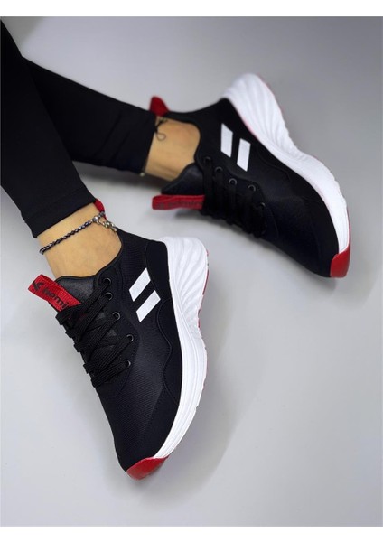 Kadın Bağcıklı Spor Sneaker-Siyah-Beyaz-Kırmızı