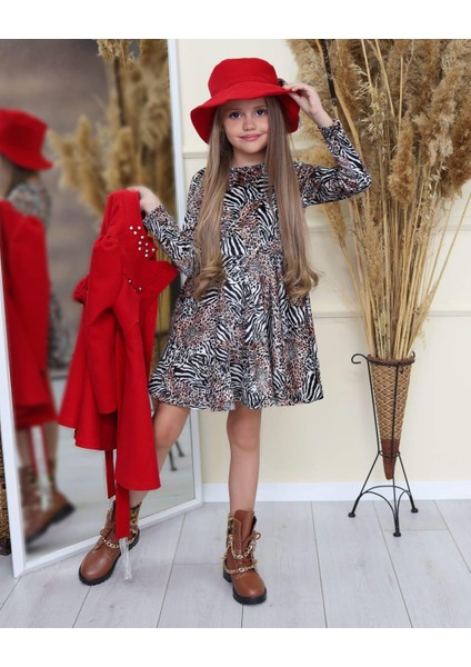 Uğurböceğiçocuk Kemeri Taş Detaylı Kaban Leopar Zebra Desen Elbise 4'lü Kız Çocuk Takım modelleri