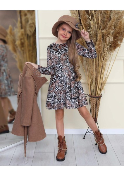 Uğurböceğiçocuk Kemeri Taş Detaylı Kaban Leopar Zebra Desen Elbise 4'lü Kız Çocuk Takım fırsatları