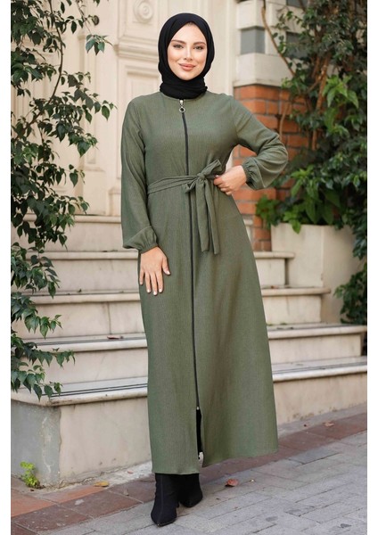 Edna Fermuarlı Tesettür Ferace 1265 - Haki fırsatları