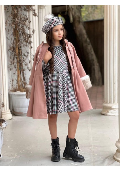 Uğurböceğiçocuk Kolu Kürklü Inci Detaylı Kaban Kazayağı Elbise 4'lü Kız Çocuk Takım modelleri