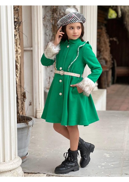 Uğurböceğiçocuk Kolu Kürklü Inci Detaylı Kaban Kazayağı Elbise 4'lü Kız Çocuk Takım