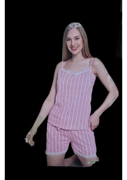 Pembe Beyaz Çizgili Askılı Şortlu Pijama Takımı fiyatları