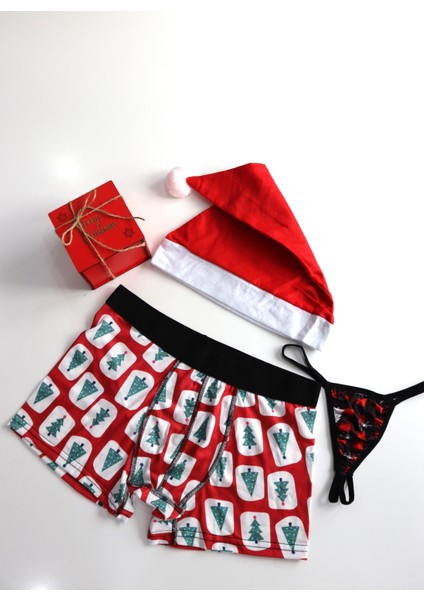 Yılbaşı Özel Kutusunda 3'lü Noel Seti - Desenli Boxer - Tanga ve Şapka