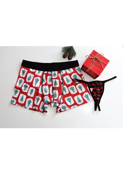 Yılbaşı Özel Kutusunda 3'lü Noel Seti - Desenli Boxer - Tanga ve Şapka fiyatları