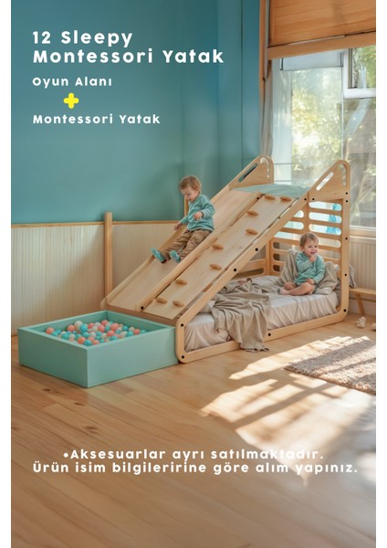 Sleepy Montessori Karyola ve arka aksesuarlar (Masa + Yazı Tahtası + Salıncak)