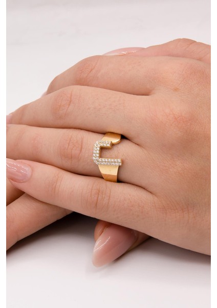 14 Ayar Altın Taşlı J Harfli Yüzük