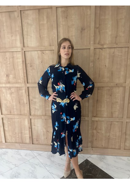 Eteği Kat Volanlı Lacivert Çiçekli Gömlek Elbise