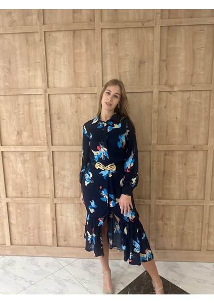 Eteği Kat Volanlı Lacivert Çiçekli Gömlek Elbise modelleri