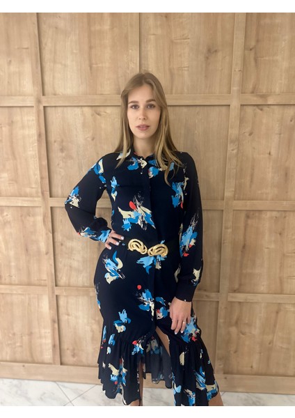 Eteği Kat Volanlı Lacivert Çiçekli Gömlek Elbise fırsatları