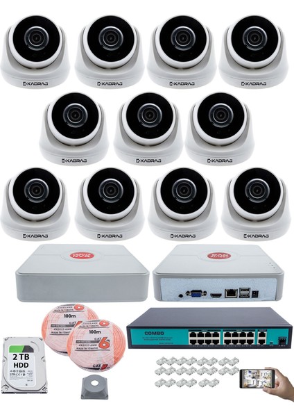11 Kameralı Ip Dome Güvenlik Kamerası Seti | 4mp Ultra Hd, 30M Gece Görüş, Ses Alma, Uzaktan Izleme + 2tb H.d.d + 200M Cat 6