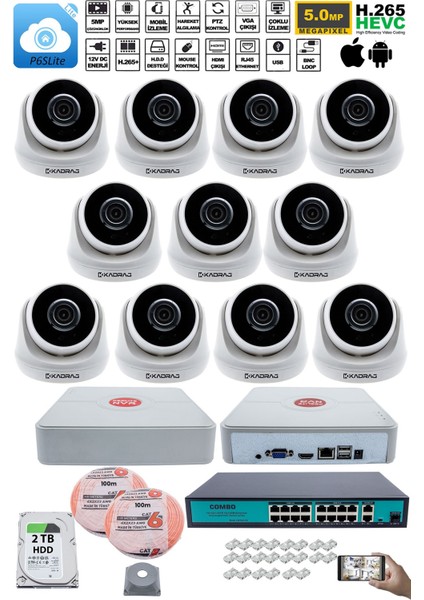 11 Kameralı Ip Dome Güvenlik Kamerası Seti | 4mp Ultra Hd, 30M Gece Görüş, Ses Alma, Uzaktan Izleme + 2tb H.d.d + 200M Cat 6