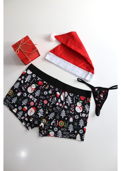 Yılbaşı Özel Kutusunda 3'lü Noel Seti - Desenli Boxer - Tanga ve Şapka