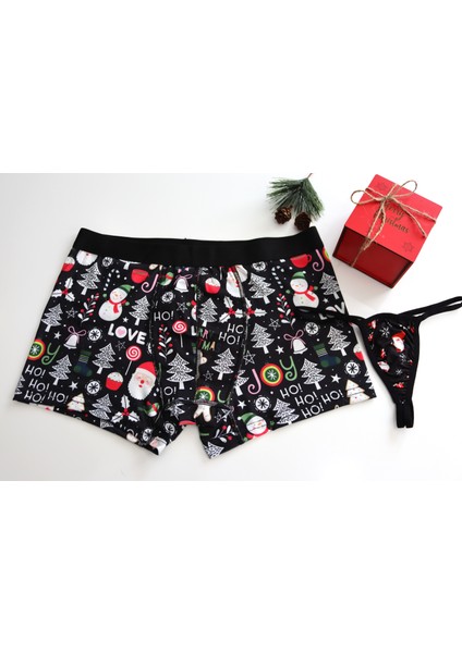 Yılbaşı Özel Kutusunda 3'lü Noel Seti - Desenli Boxer - Tanga ve Şapka fiyatları
