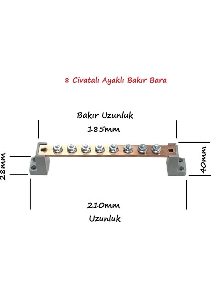 20 x 4 mm 8 Civatalı Ayaklı Bakır Bara 250A