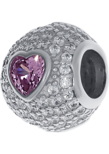 Kadın Pembe Taş Detay Yuvarlak Taşlı Gümüş Charm