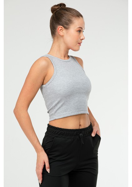 Gri Melanj Slim Fit Pamuklu Açık Yaka Crop Top Kaşkorse Kadın Tişört SF-0751