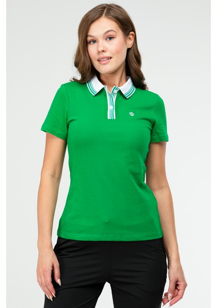 Yeşil Slim Fit Basic 100% Pamuk Kısa Kol Polo Yaka Kadın Tişört SF0684