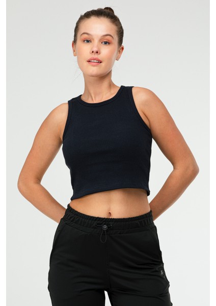 Lacivert Slim Fit Pamuklu Açık Yaka Crop Top Kaşkorse Kadın Tişört SF-0751