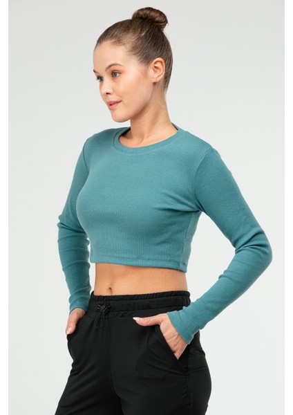 Nefti Slim Fit Pamuklu O Yaka Crop Top Kaşkorse Kadın Tişört SF-0760