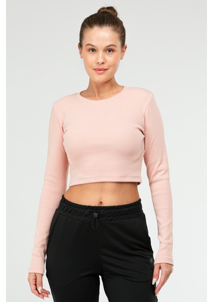 Pudra Slim Fit Pamuklu O Yaka Crop Top Kaşkorse Kadın Tişört SF-0760