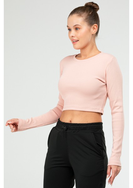 Pudra Slim Fit Pamuklu O Yaka Crop Top Kaşkorse Kadın Tişört SF-0760