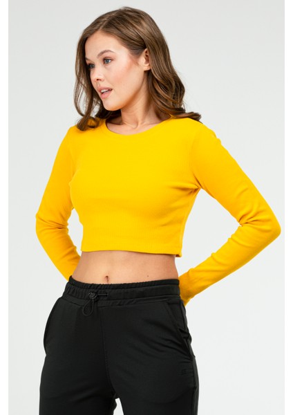 Sarı Slim Fit Pamuklu O Yaka Crop Top Kaşkorse Kadın Tişört SF-0760