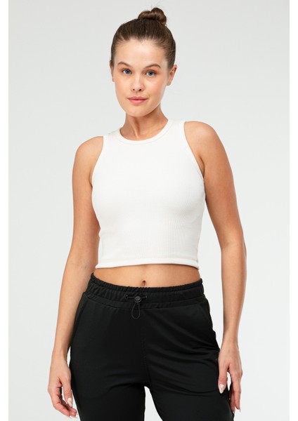 Krem Slim Fit Pamuklu Açık Yaka Crop Top Kaşkorse Kadın Tişört SF-0751