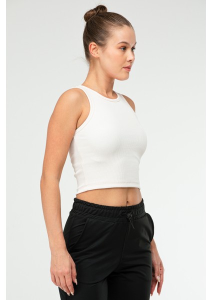 Krem Slim Fit Pamuklu Açık Yaka Crop Top Kaşkorse Kadın Tişört SF-0751