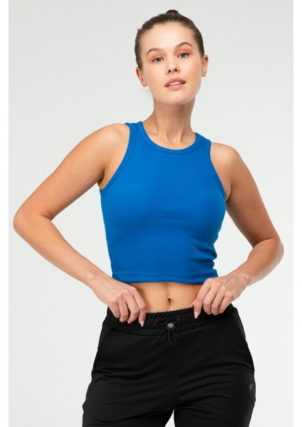 Sax Mavi Slim Fit Pamuklu Açık Yaka Crop Top Kaşkorse Kadın Tişört SF-0751