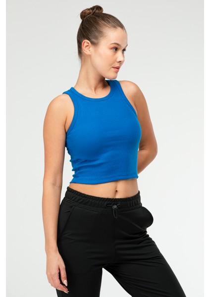 Sax Mavi Slim Fit Pamuklu Açık Yaka Crop Top Kaşkorse Kadın Tişört SF-0751